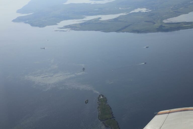 Aerial view of ships near coastal landscape