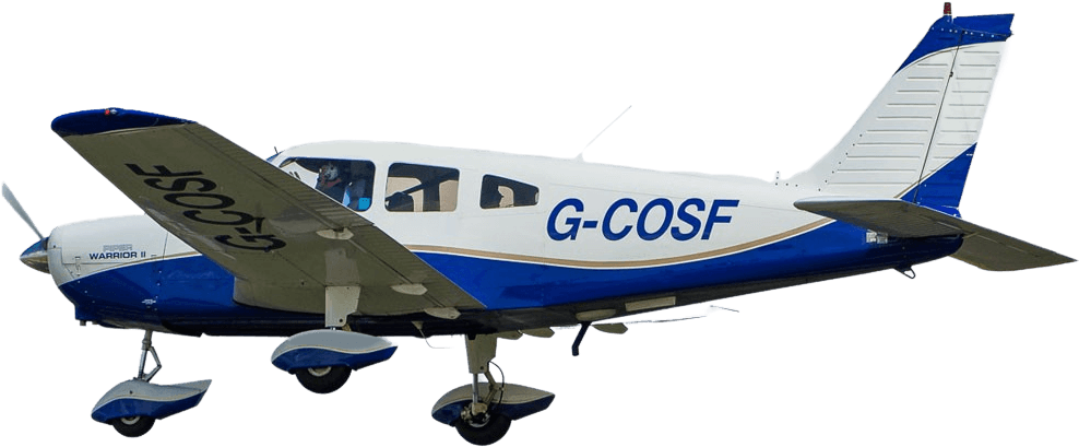 Blue and white Piper Warrior II aircraft isolated